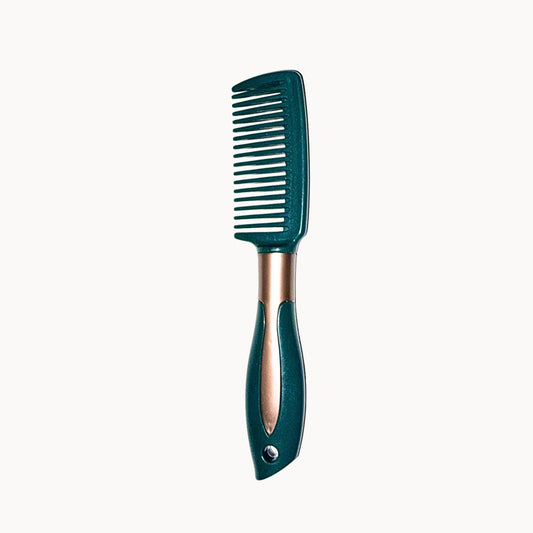 Green comb with a gold accent on a white background