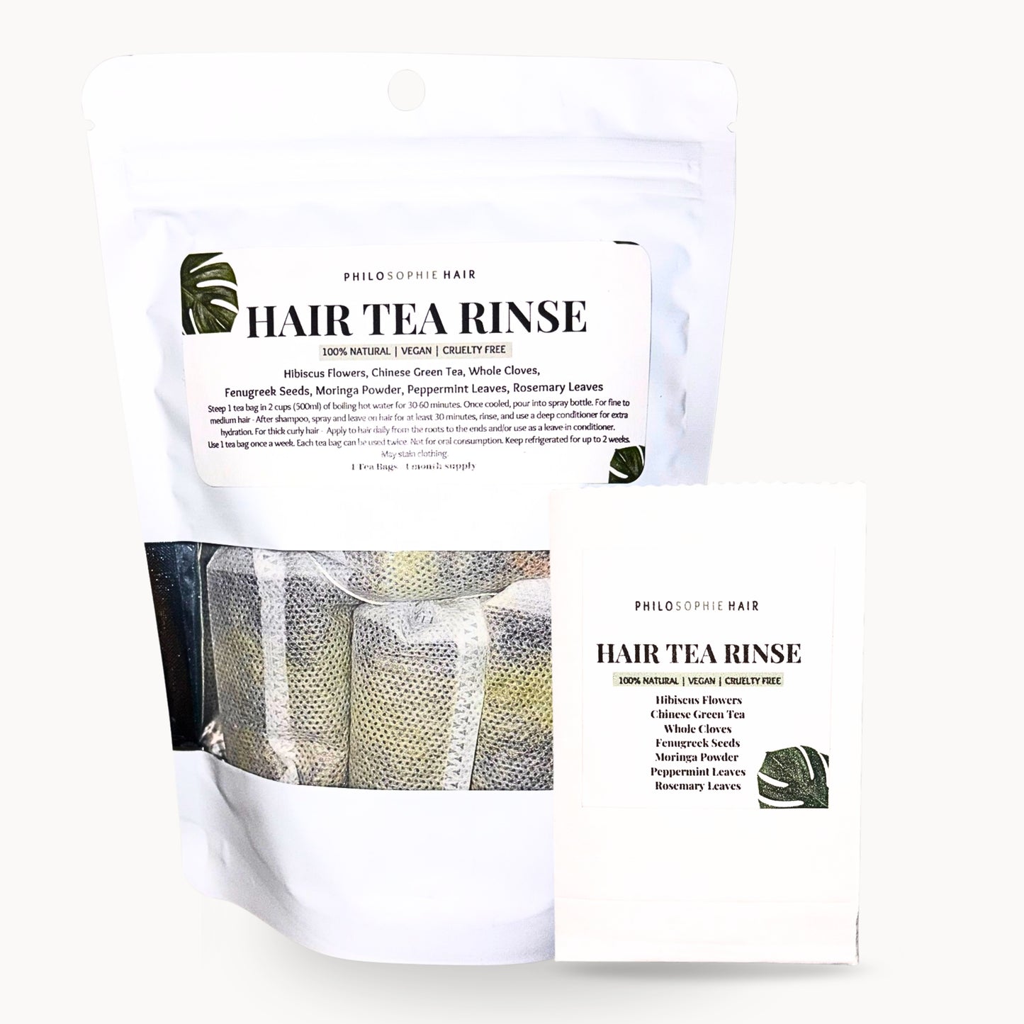 Hair tea rinse package with text and branding on a white background