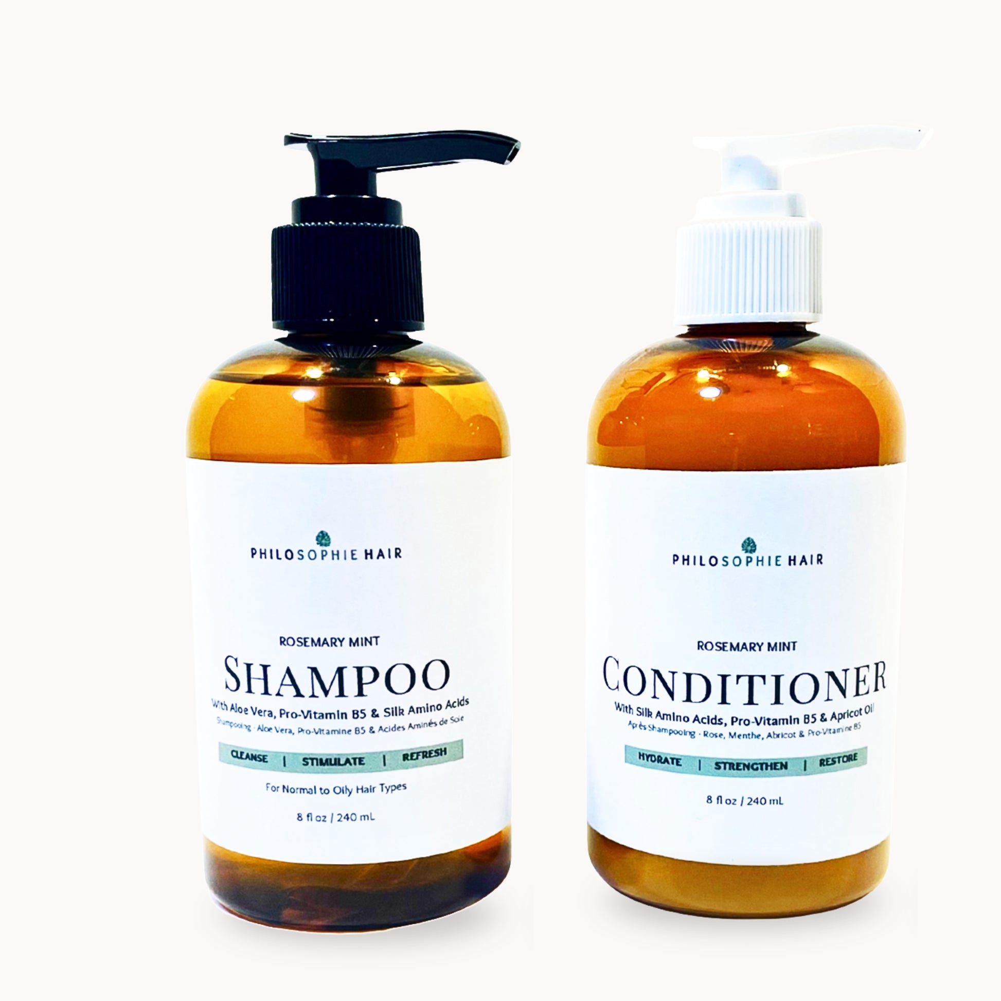 Shampoo and conditioner bottles with labels on a white background