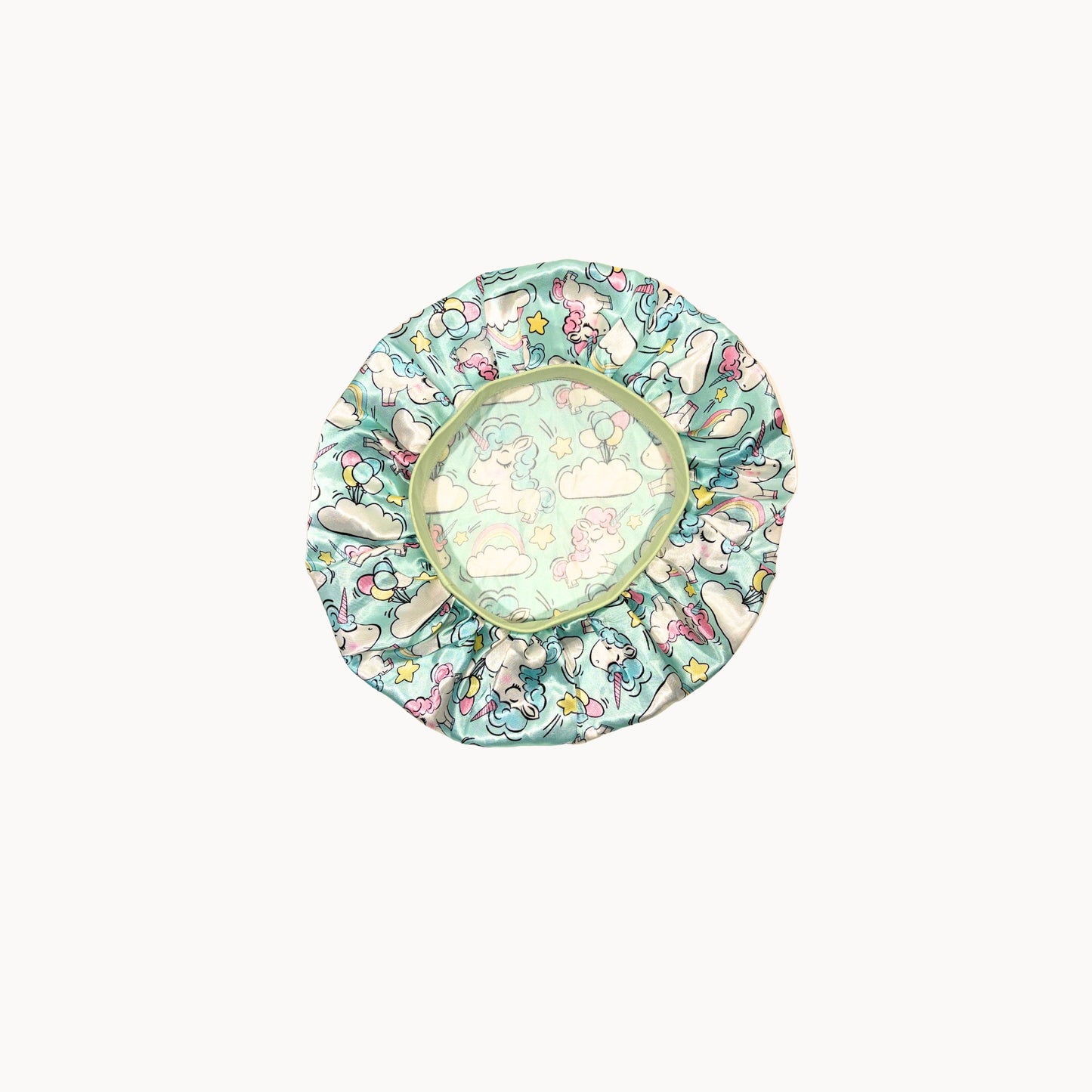Kiddie  satin bonnet with a colorful pattern on a white background