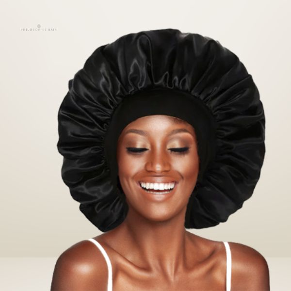 Beautiful Black woman smiling wearing Jumbo Satin Bonnet 